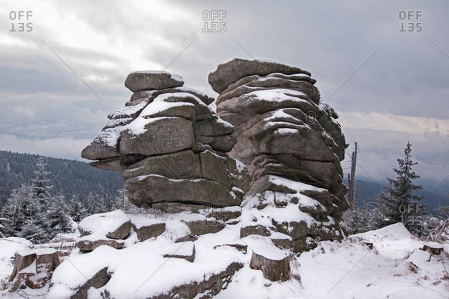 Rock formations in winter on the Dreisesselberg in the border triangle Germany / Austria / Czech Republic