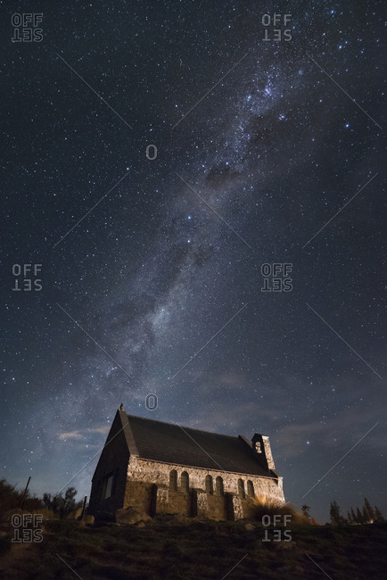 Chapel at night with Milky Way in the background, Tekapo, Canterbury, New Zealand