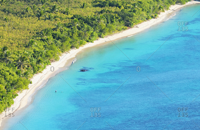 Top view of Nacula island and tropical beach, Yasawa island group, Fiji, South Pacific islands,