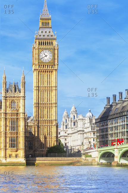 The view of the London Eye, River Thames and Big Ben from the Golden  Jubilee Bridge stock photo - OFFSET