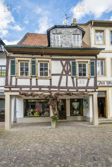 July 9, 2016: Half-timbered house in the historic old town of Meisenheim am Glan, well-preserved medieval architecture in the northern Palatinate highlands, Germany