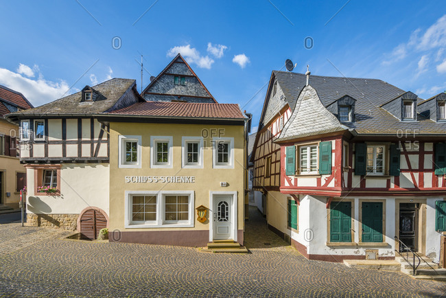 July 9, 2016: Schloss-Schenke in the historic old town of Meisenheim am Glan, well-preserved medieval architecture in the north Palatinate mountains, Germany