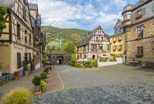 August 28, 2016: Market square of Oberwesel, Middle Rhine, with town hall, Germany