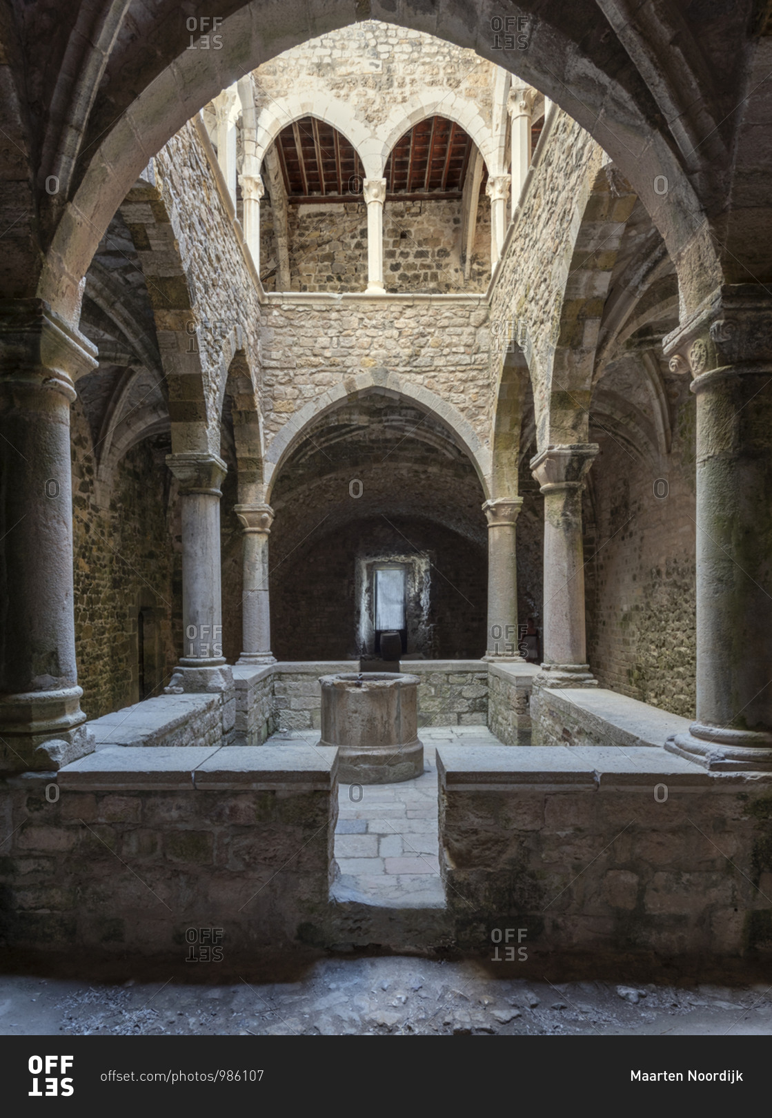 Interior with vaults in the fortified Monastary o Abbey on the island of Saint-Honorat. Along the coast of the mediterranean sea and the d\'Azur in France. Just in front of the city of Cannes.