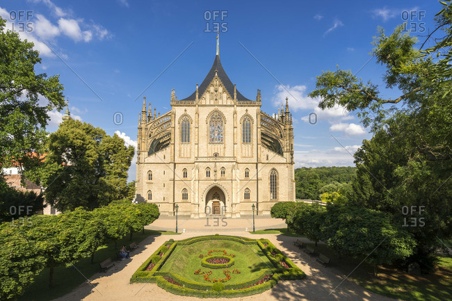 June 27, 2018: Facade of Saint Barbara's Cathedral on sunny day, UNESCO, Kutna Hora, Kutna Hora District, Central Bohemian Region, Czech Republic