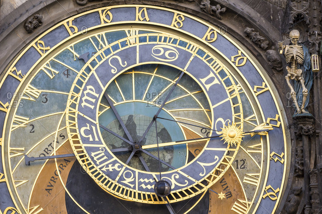 April 30, 2016: Detail of Astronomical clock (Orloj) before reconstruction in 2018, Old Town Square, Prague, Bohemia, Czech Republic