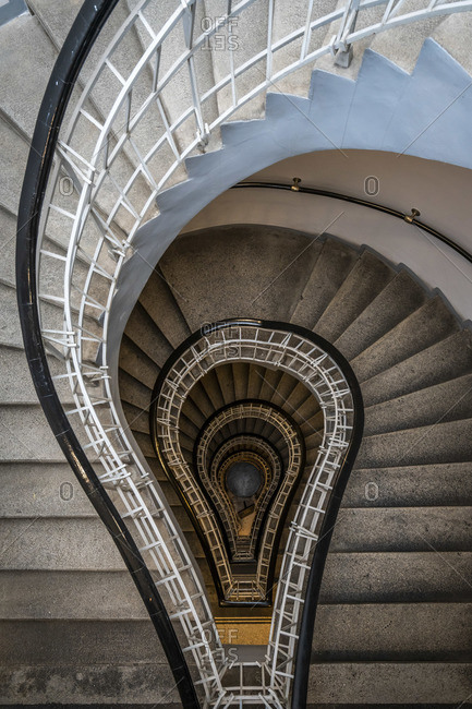 Directly above view of spiral staircase at House of the Black Madonna, Prague, Bohemia, Czech Republic