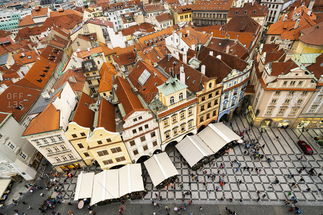 September 16, 2019: Elevated view of houses with red roofs as seen from Prague Astronomical Clock at Old Town Square, Prague, Bohemia, Czech Republic