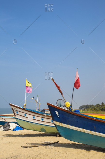 January 27, 2020: Fishing boats on Marari Beach in Alappuzha, India