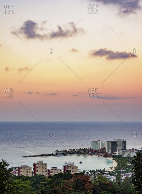 Ocho Rios at sunset, elevated view, Saint Ann Parish, Jamaica