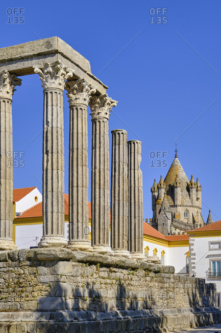 The Roman Temple of Diana and the Tower of the Se Catedral (Motherchurch). A Unesco World Heritage Site, Evora, Portugal