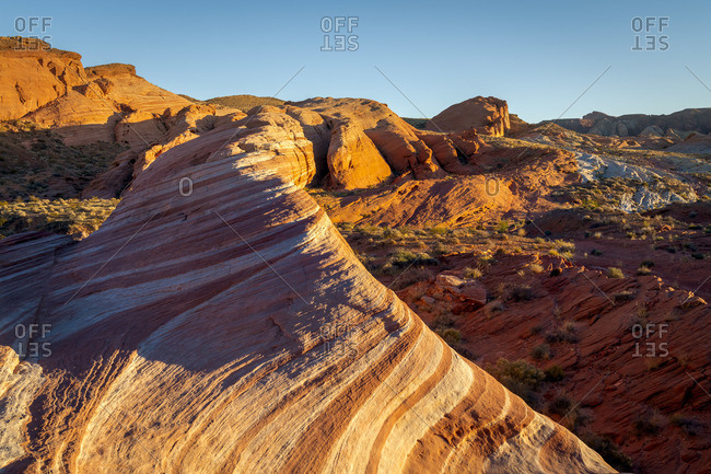 Fire Wave rock formation before sunset, Valley of Fire State Park, Nevada, Western United States, USA