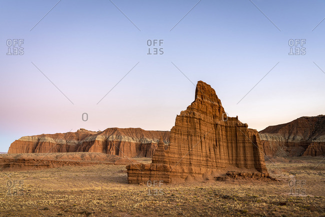 Temple of the Moon at dusk, Cathedral Valley, Capitol Reef National Park, Utah, Western United States, USA