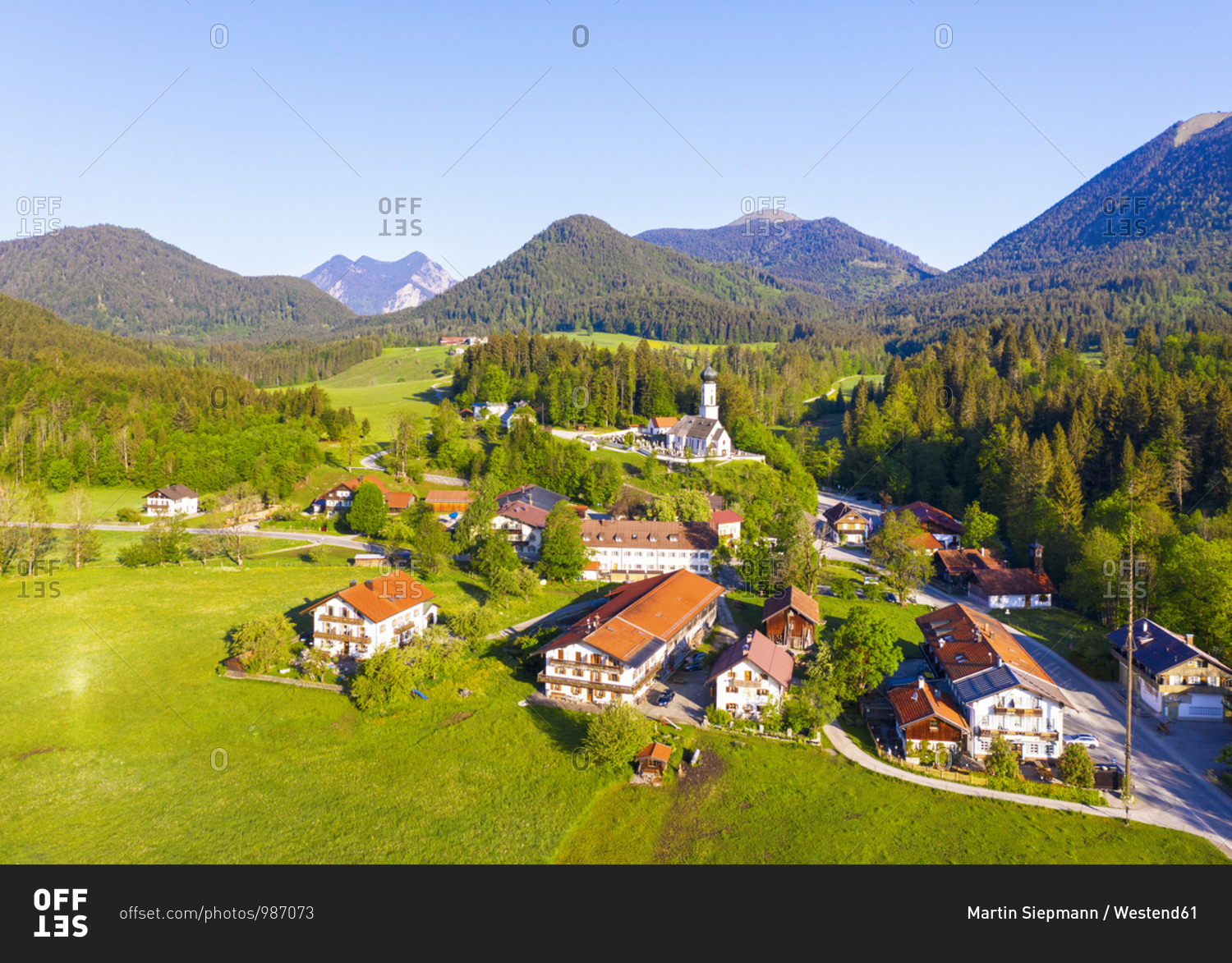 Germany- Bavaria- Jachenau- Drone view of countryside village in spring