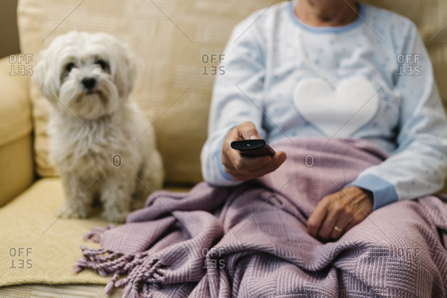 Retired ill woman sitting by dog on sofa while watching TV at home