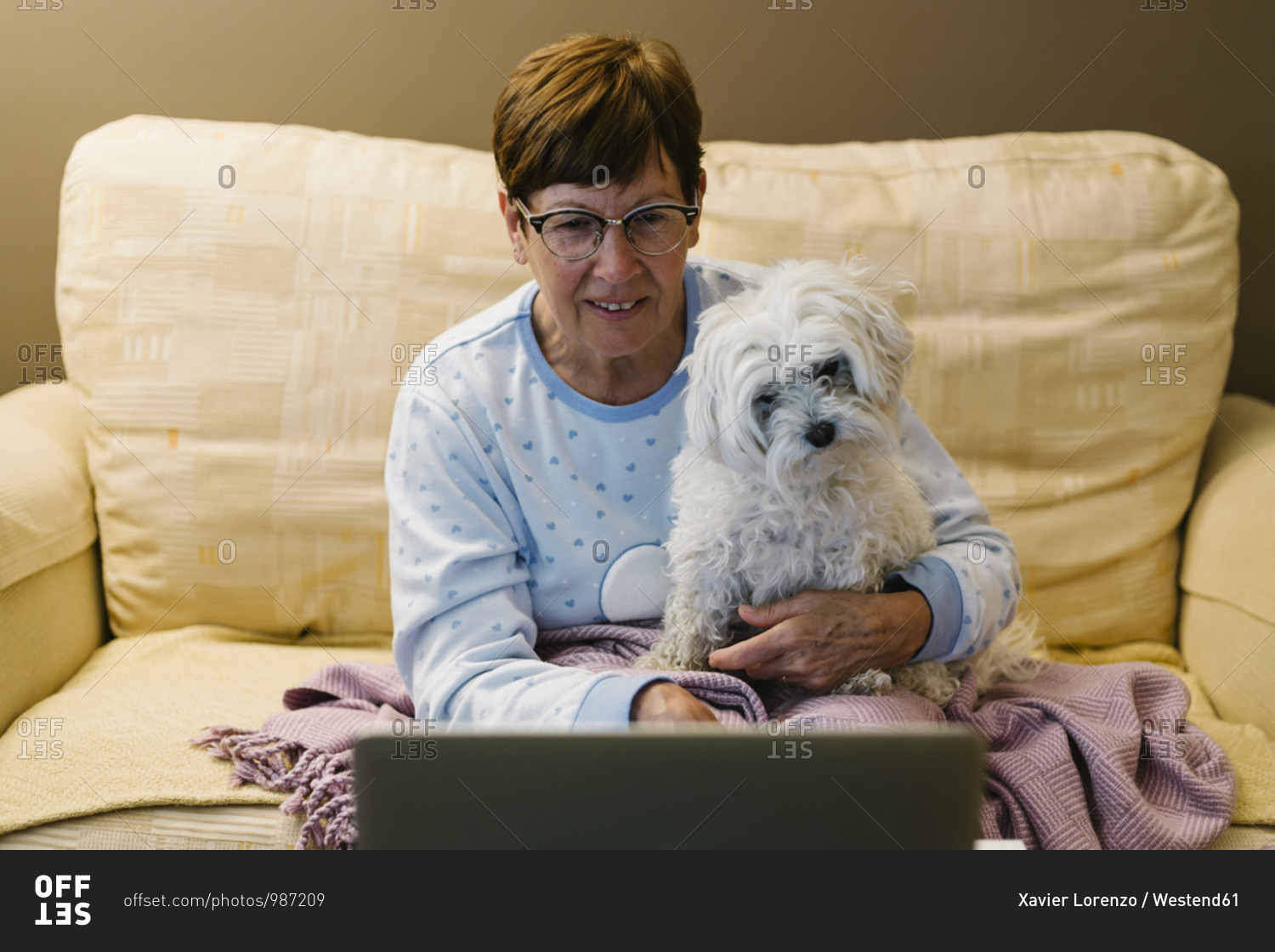 Ill senior woman sitting with dog while discussing over video call through laptop at home