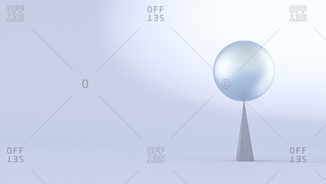Three dimensional render of sphere balancing on top of sharp spike