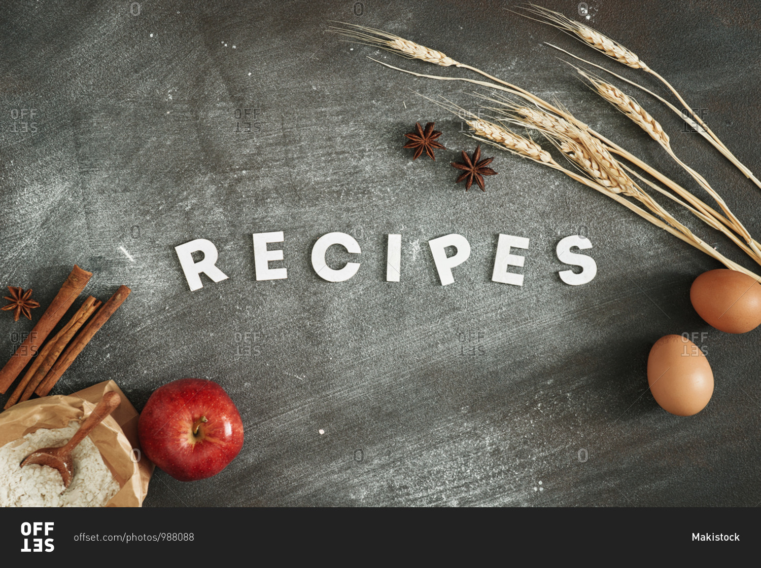 Recipes poster design with cake ingredients on black chalkboard from above.