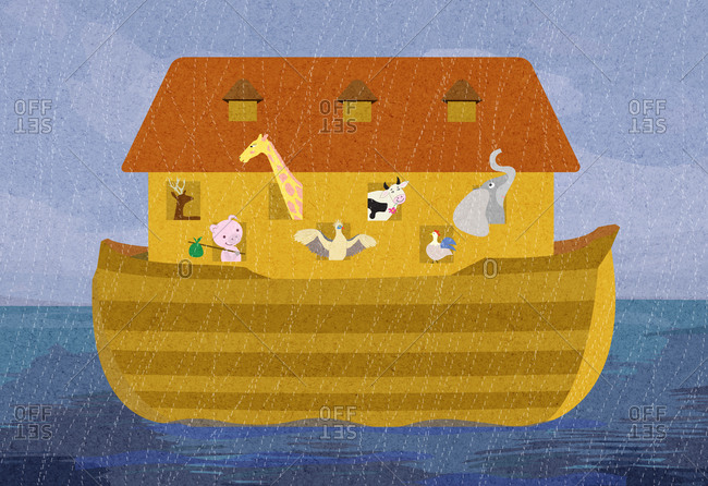 Noah\'s ark in the rain illustration