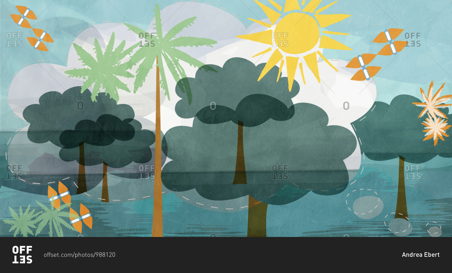 Tropical scenery illustration with trees, water and sunshine