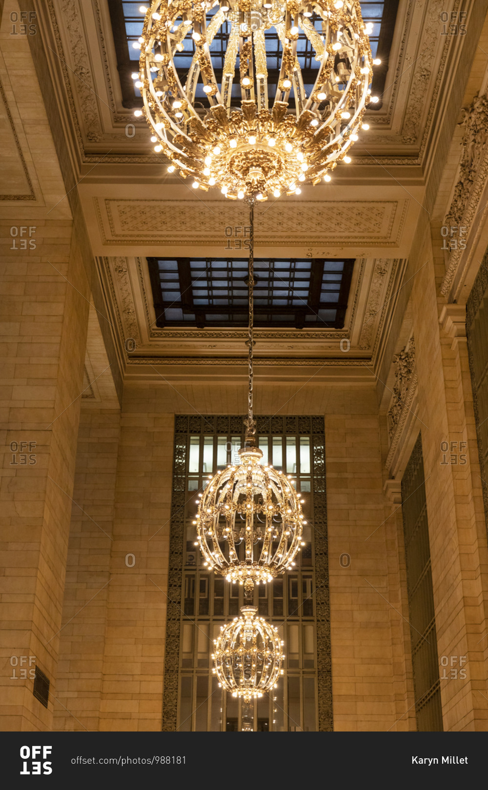 Low angle view of a row of chandeliers in Grand Central Station in Manhattan, New York City
