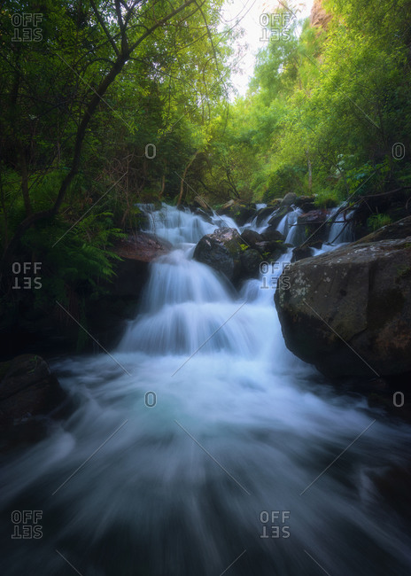 Spectacular scenery of river with rocks flowing through green woods in long exposure