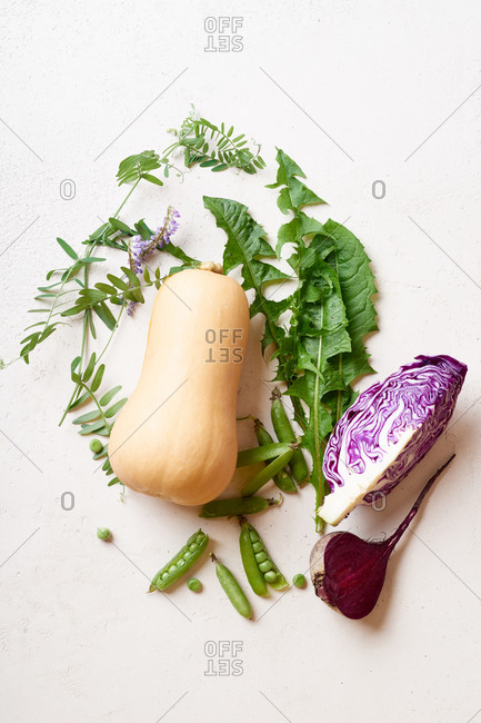 Healthy food ingredients: butternut squash, beetroot and sweet potatoes
