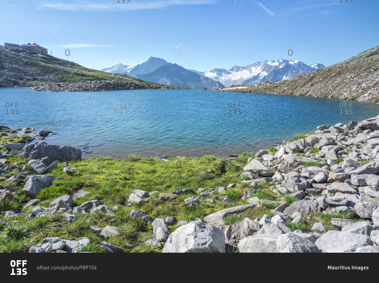 The alpine Friesenberg lake with Hoher Weibzint and Hochfeiler on the background, Zillertal Alps, Tyrol, Schwaz district, Austria
