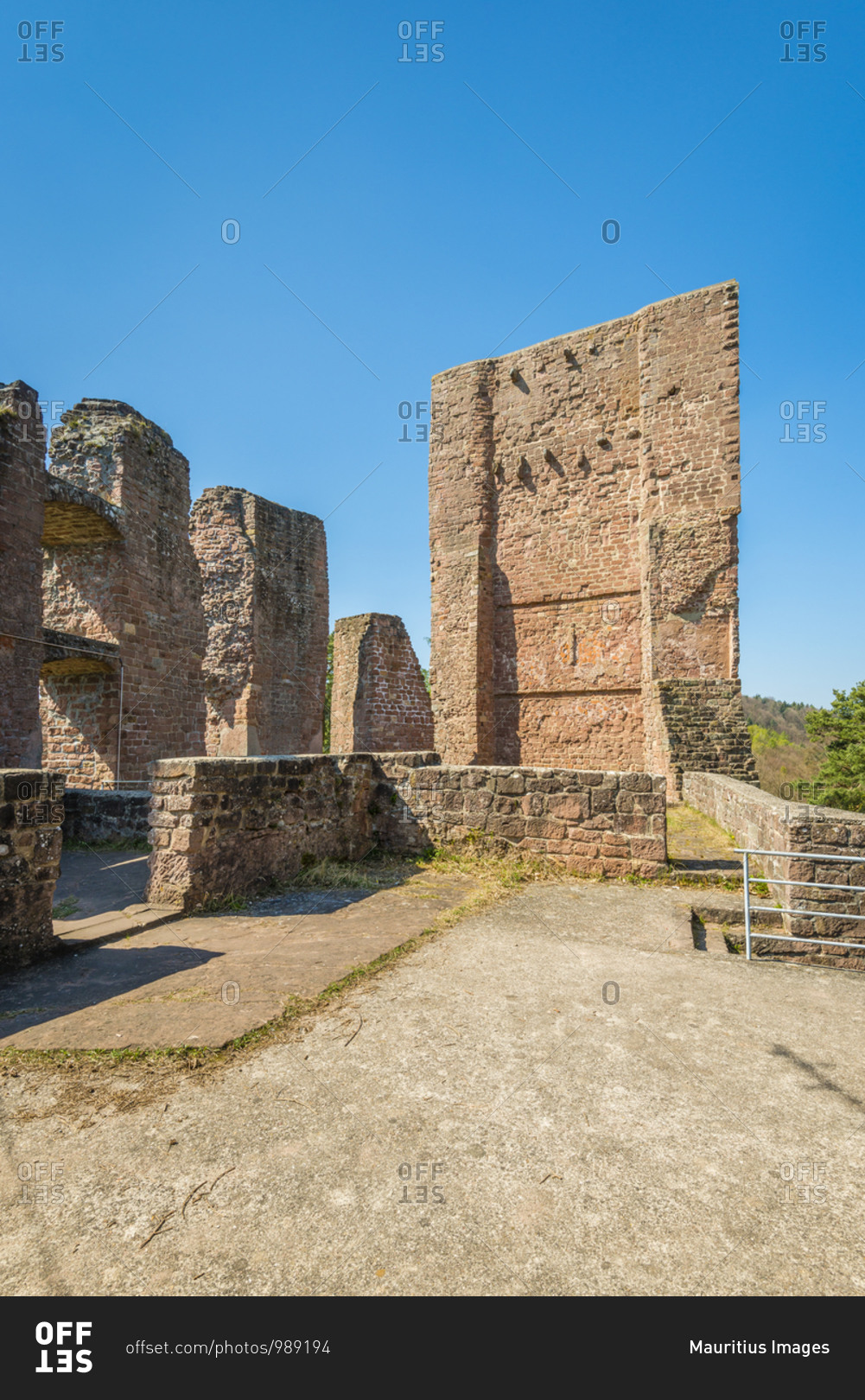 Ramburg castle ruins in the Palatinate (southern Weinstrasse), former Stauferder castle on Schlossberg, with a large rock cellar, neck ditch, shield wall, great hall, surrounded by the Palatinate Forest