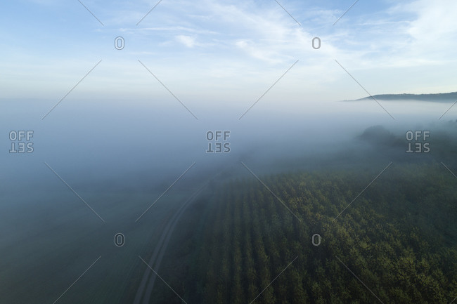 Germany- Bavaria- Drone view of Franconian Heights shrouded in thick morning fog