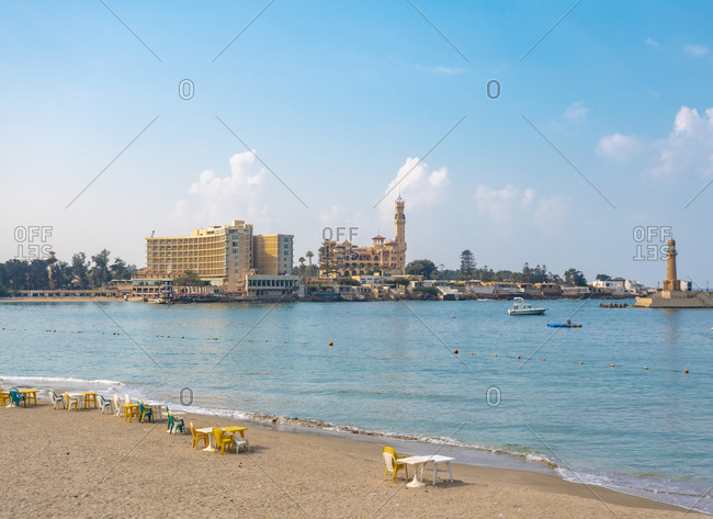 Egypt- Alexandria- El Montaza beach with Palestine hotel and El Montaza palace