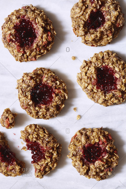 Overhead view of fresh baked Oat and Jelly Cookies