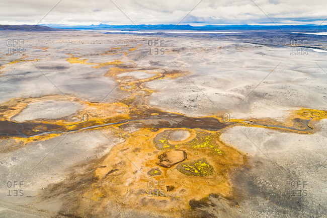 Aerial view of a colorful desolate landscape, Sprengisandur, highlands of Iceland