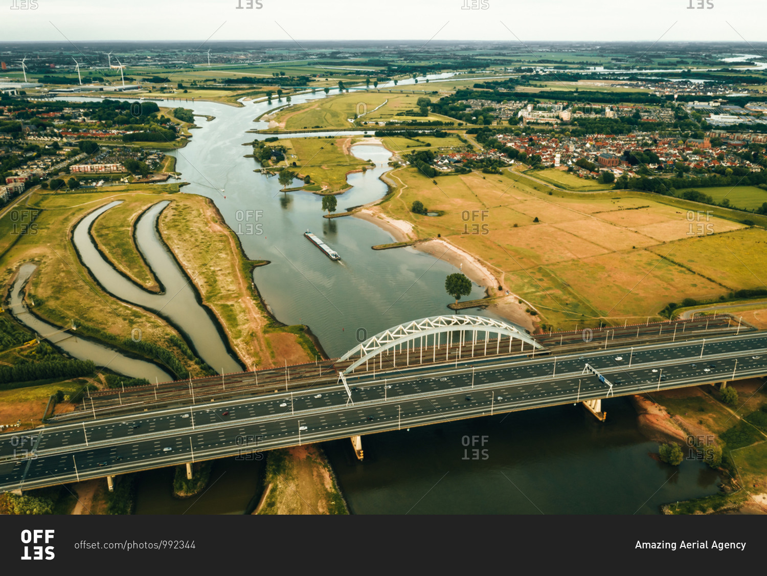 Aerial view of a vessel going under the bridge on De Lek in Utrecht, The Netherlands.