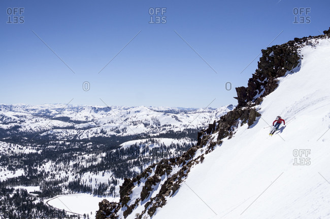 Man skiing down mountain in Tahoe