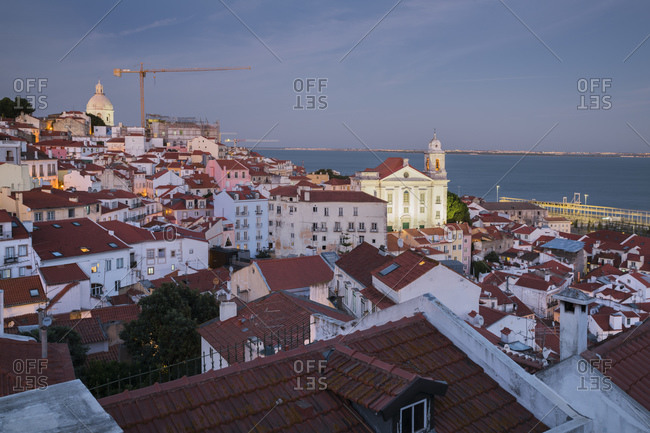 October 6, 2019: View over the center, Mirador das Portas do Sol, Igreja de Santo Estevao, Lisbon, Portugal