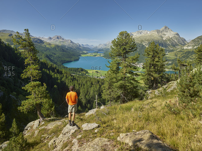 View of the Upper Engadine, Lake Silvaplana, Engadin, Graubunden, Switzerland