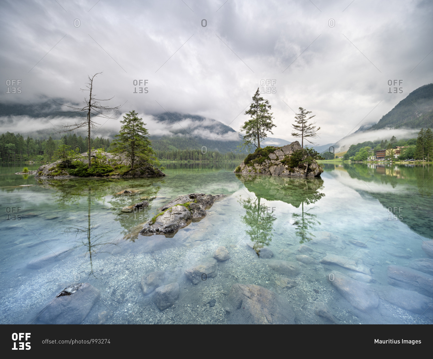 Germany, Bavaria, Berchtesgaden National Park, Am Hintersee, low-hanging rain clouds cover the mountains