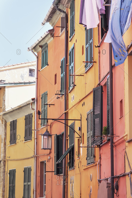 June 1, 2019: Historic district houses facade, Portovenere, La Spezia district, Liguria, Italy