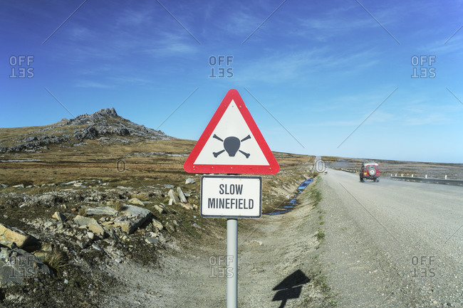 Minefields warning road sign, East Falkland, Falkland Islands, South Atlantic, South America