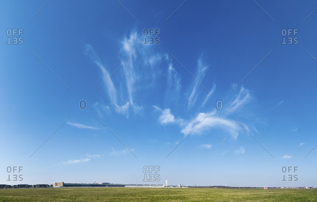 180 degree panorama, Berlin, Tempelhofer Feld, sky without contrails during the corona pandemic