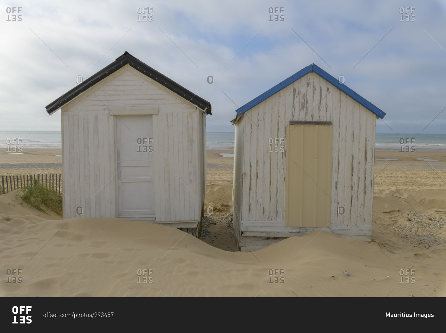 Beach with two beach houses, Calais, Pas-de-Calais, Hauts-de-France, France