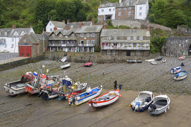 May 30, 2018: Harbor at low tide, Clovelly, Devon, South West England, England, United Kingdom, Europe