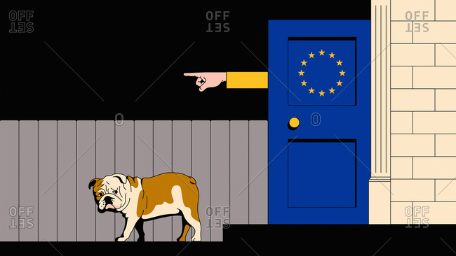 British bulldog being ejected from European Union door
