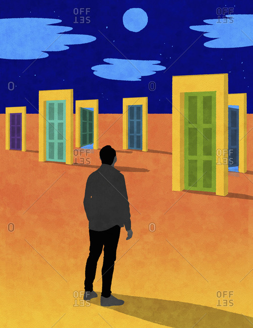 Man with choice of doors in desert