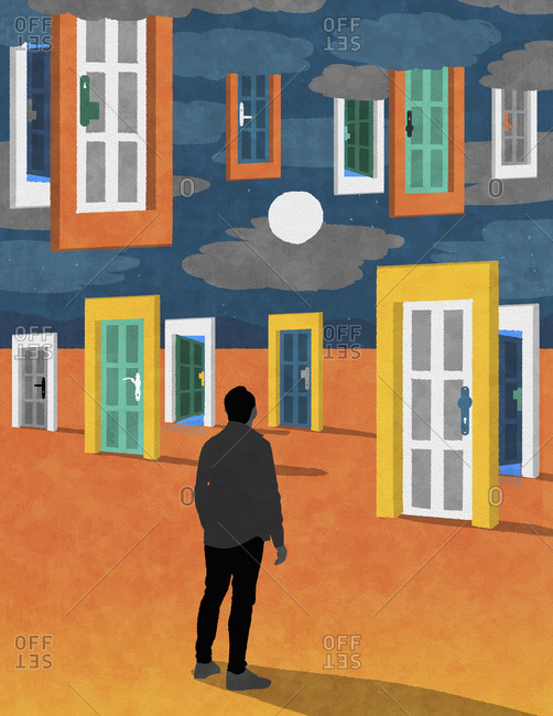 Man with choice of doors in desert and in sky
