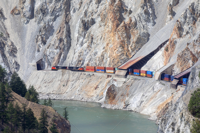British Columbia, Canada - July 21, 2020: Canadian National railway along the Fraser River Canyon of central British Columbia