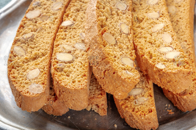 Biscotti, traditional Italian almond biscuits, a close-up