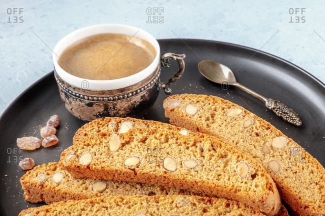 Cantuccini, traditional Italian almond biscuits, with a cup of coffee