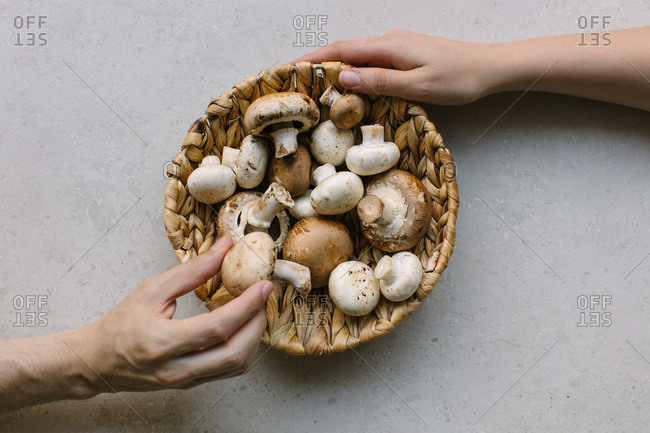 Top view of anonymous persons touching fresh champignons placed in wicker bowl on table in kitchen